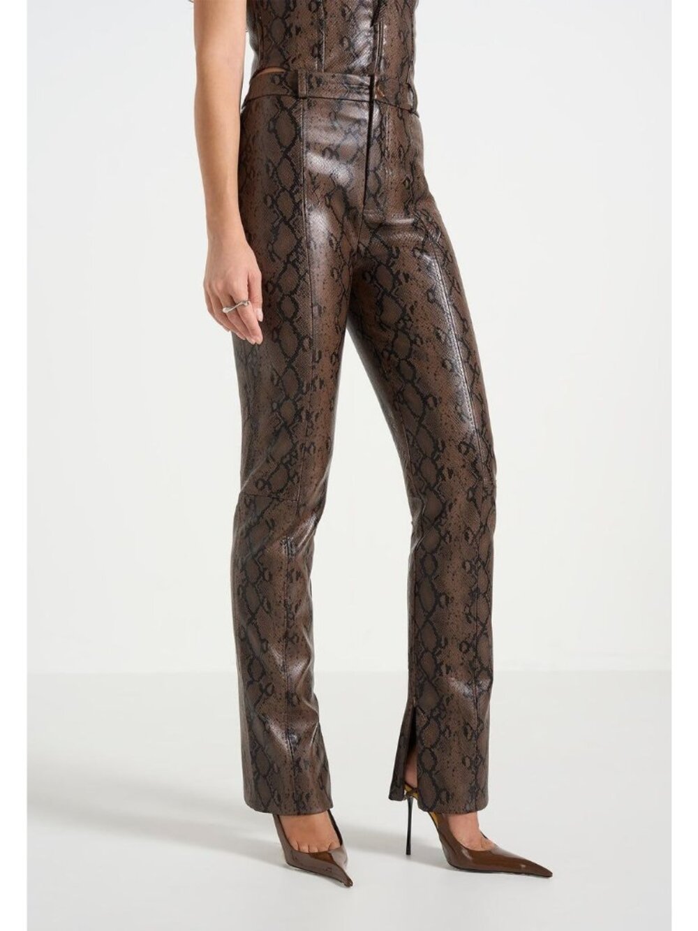 Manière De Voir S Brown Python Print Faux Leather Pants High Rise Straight Leg
